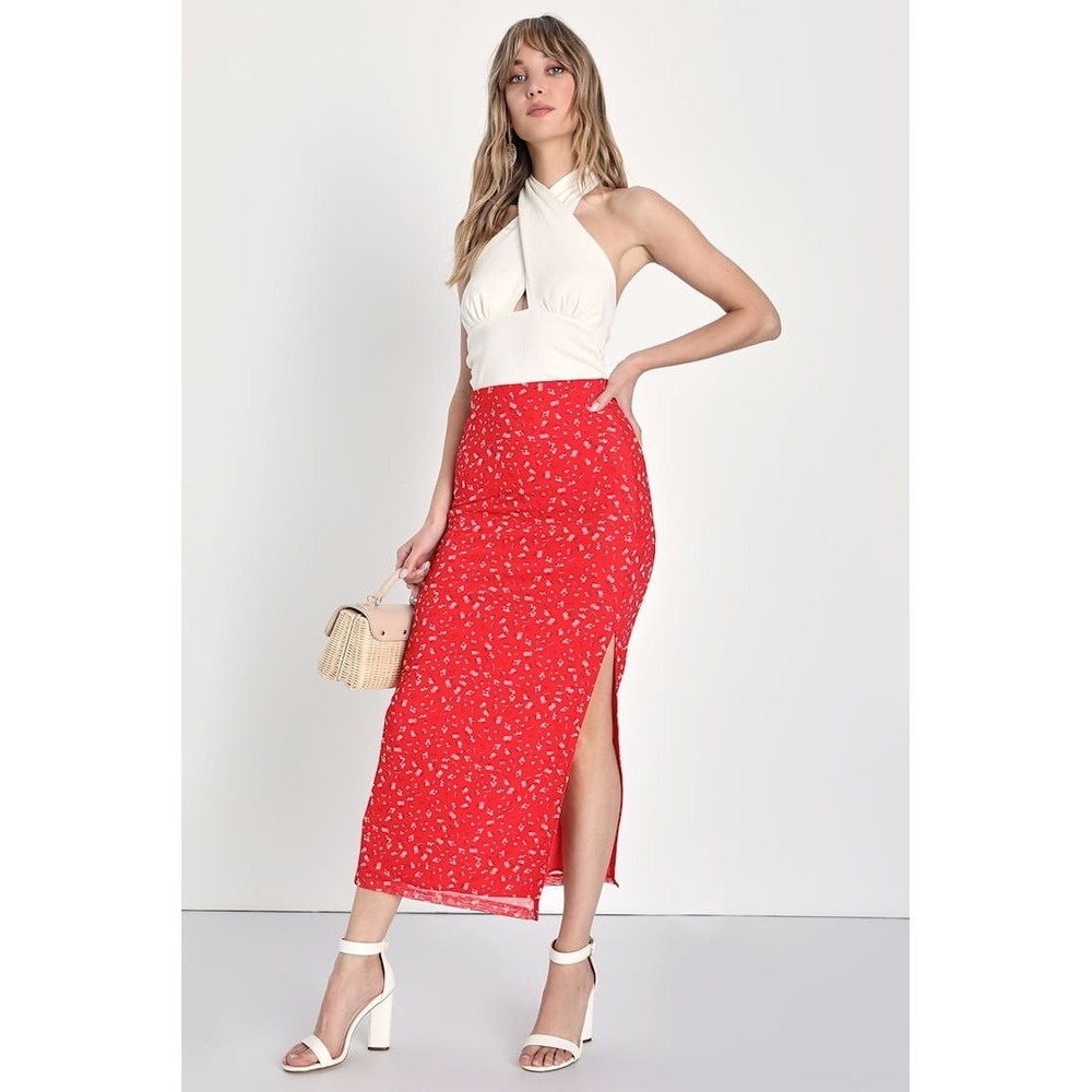 Free People Rosalie Red Floral High Rise Mesh Midi Skirt w Side Slit Size Small